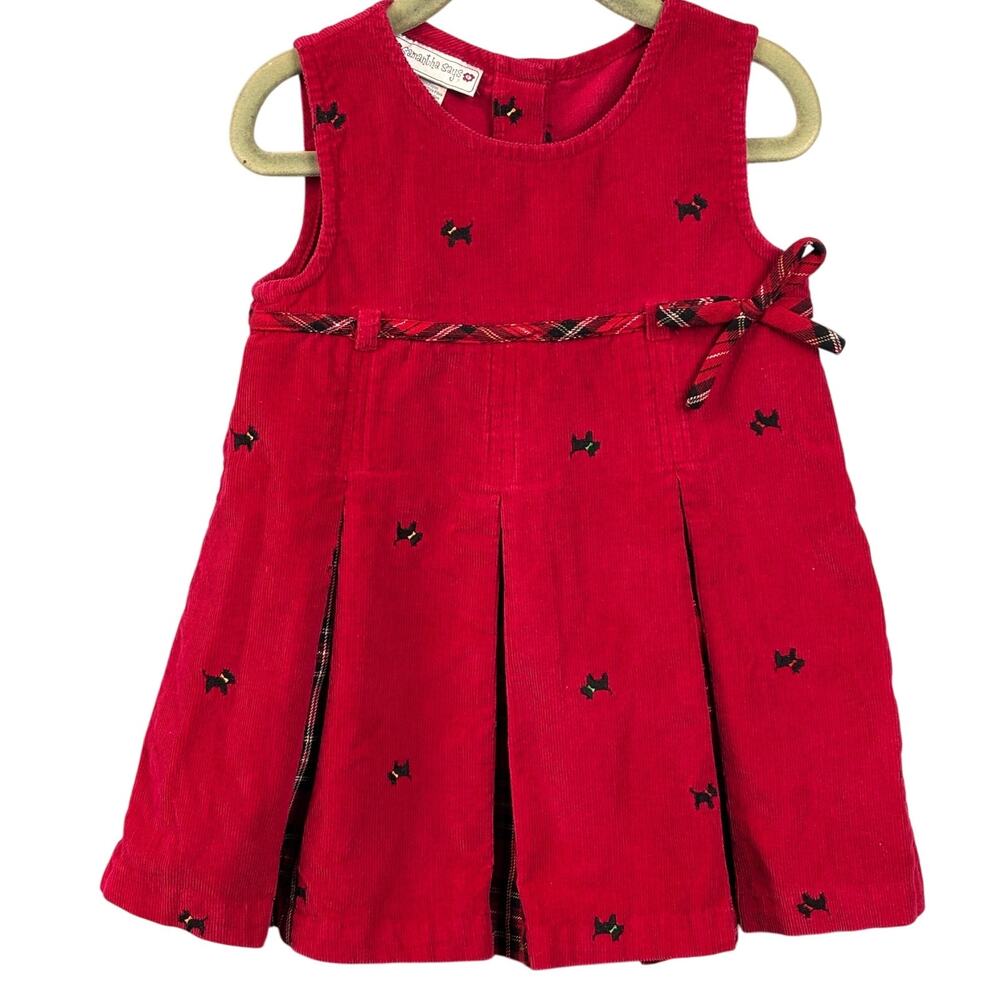 Samantha Says Girls Red Corduroy Plaid Pleated Overall Jumper Scottie Dog 3T